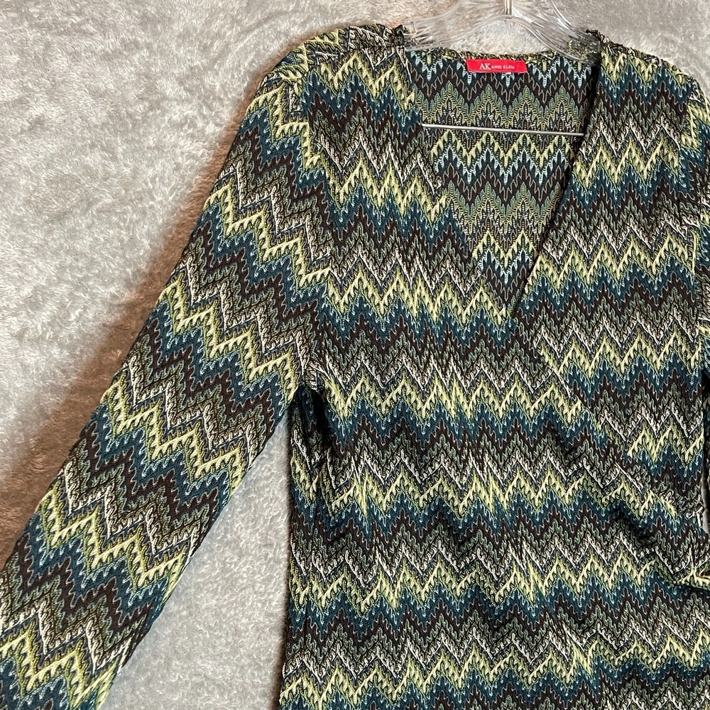 Anne Klein Women Chevron Mesh Sheer Faux Wrap Top M* 60s 70s Retro Boho‎ Indie